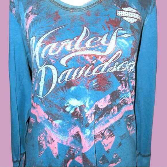Harley Davidson dark teal green long sleeve top with logo on front - Picture 3 of 10
